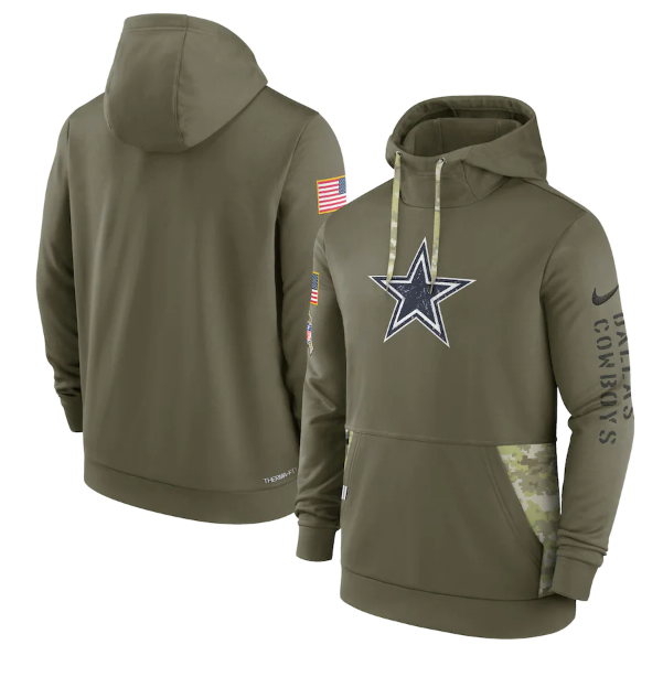 Men's Dallas Cowboys 2022 Olive Salute to Service Therma Performance Pullover Hoodie